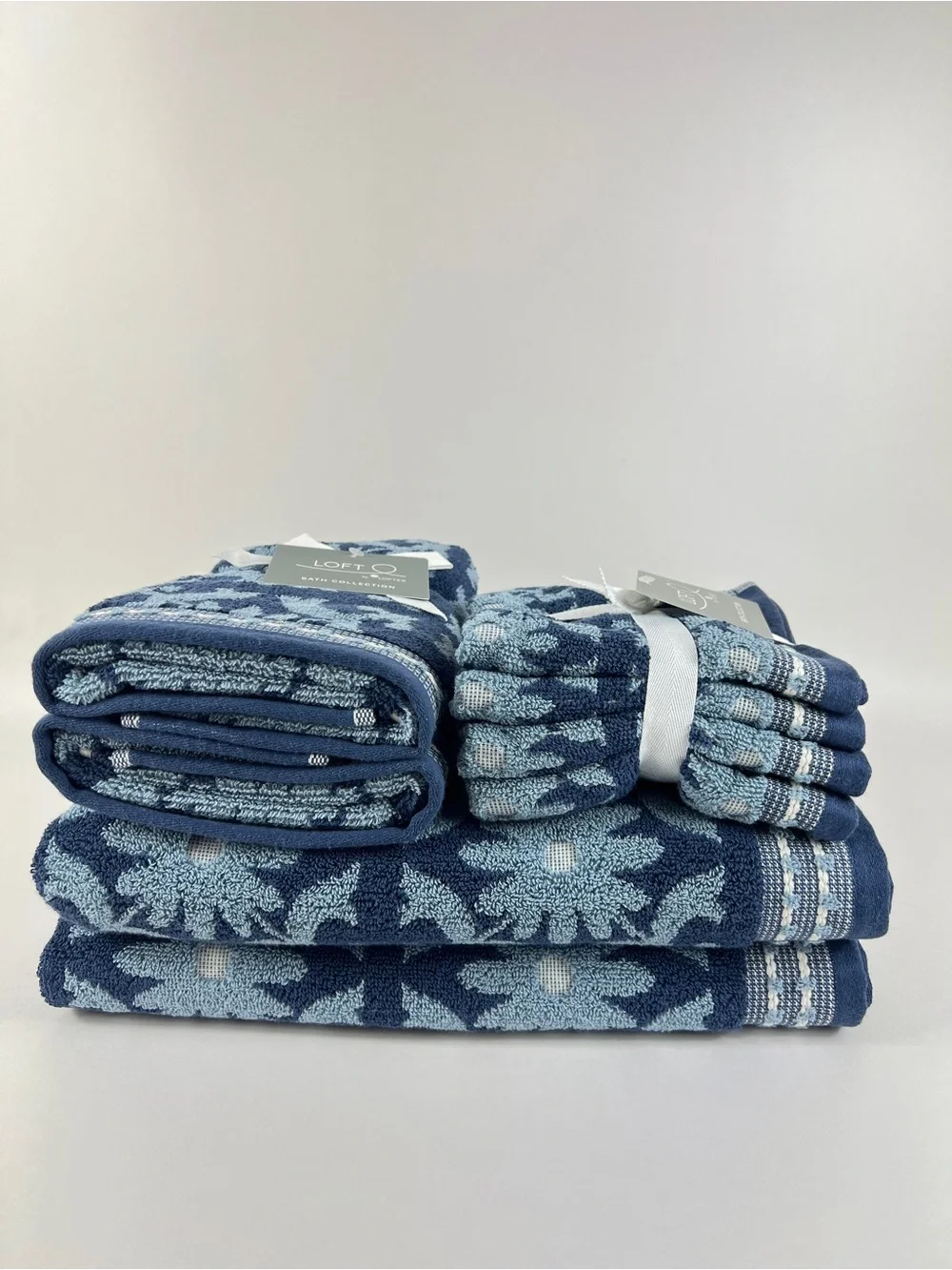 Loft by Loftex Bath Towel Set Navy Light Blue Floral Jacquard Cotton 8 Pc NEW